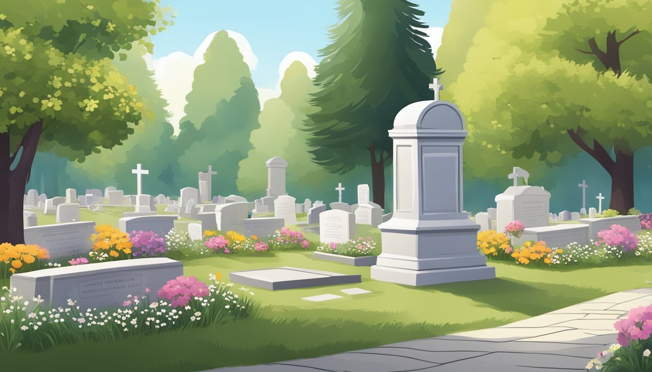 A peaceful cemetery with a serene atmosphere, surrounded by trees and flowers, with a funeral insurance brochure lying on a bench