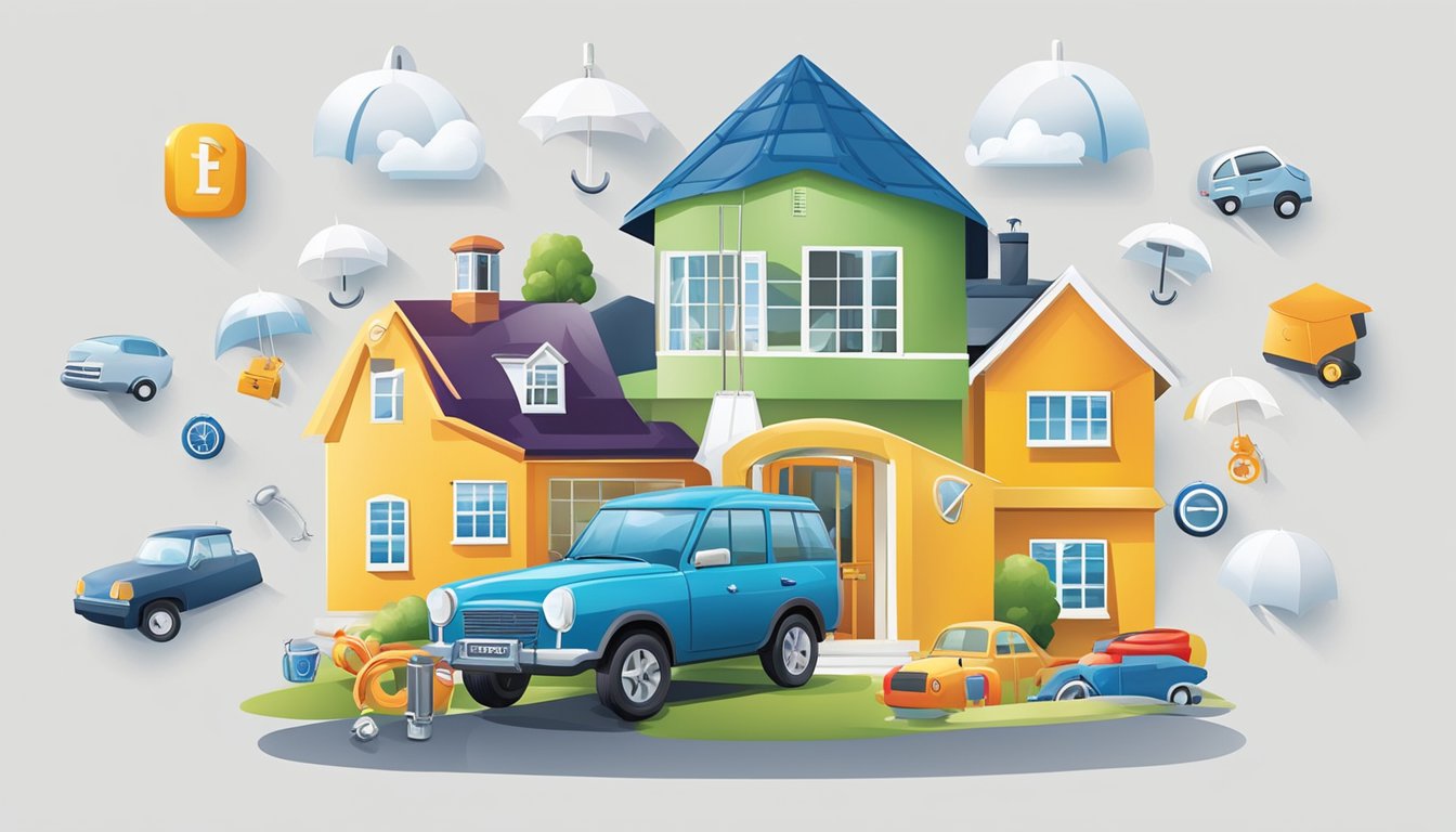 A diverse array of insurance symbols (e.g. umbrella, house, car, lifebuoy) arranged in a balanced composition