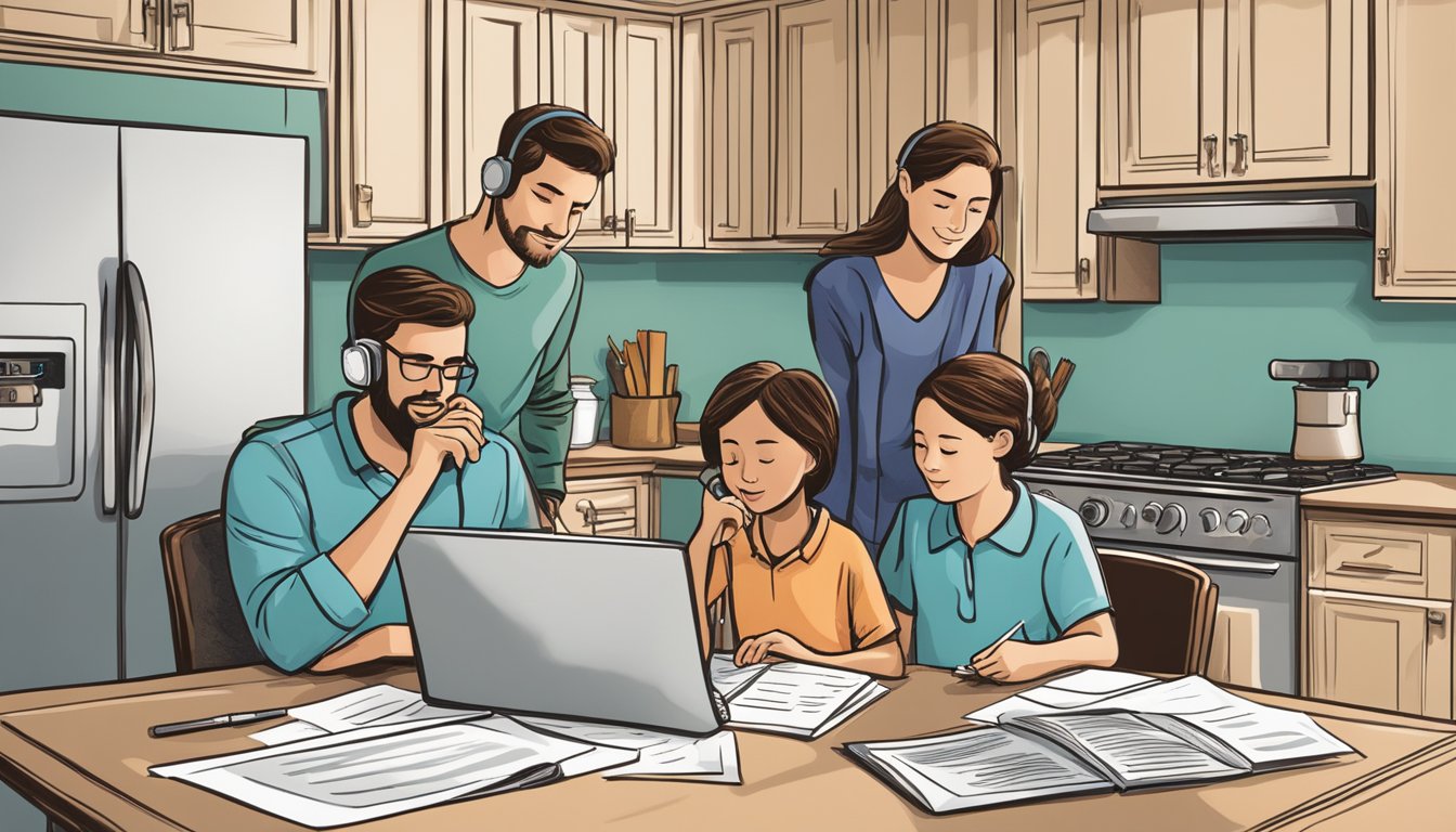 A family sitting at a kitchen table, reviewing paperwork and discussing burial insurance options with a representative over the phone