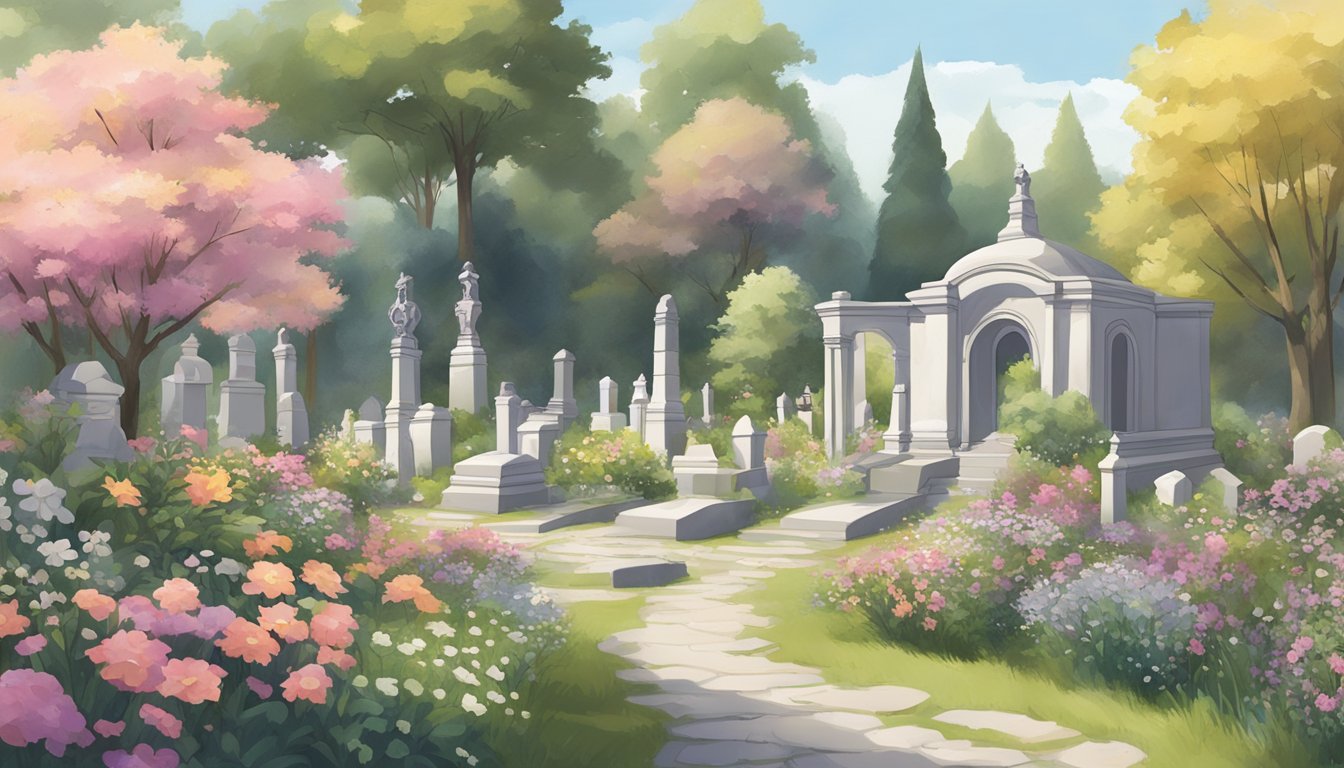 A serene setting with a peaceful cemetery surrounded by trees and flowers, with a small building offering end-of-life planning resources