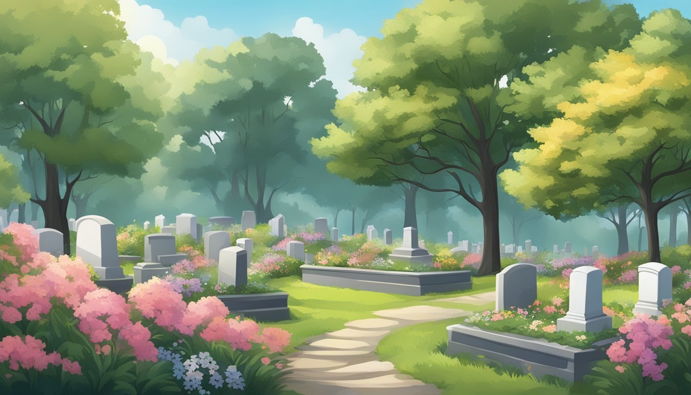 A serene cemetery with a simple headstone and a peaceful landscape of trees and flowers