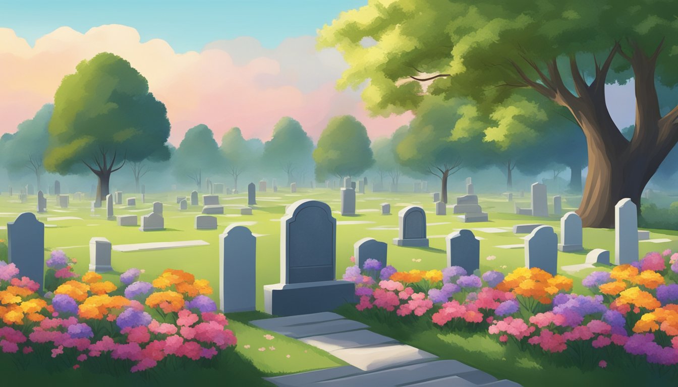 A serene cemetery with a lone gravestone surrounded by colorful flowers and a peaceful, tree-lined horizon