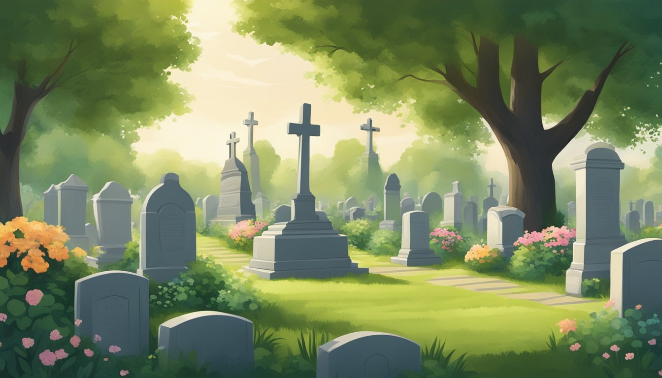 A serene cemetery with a row of headstones, surrounded by lush greenery and a peaceful atmosphere