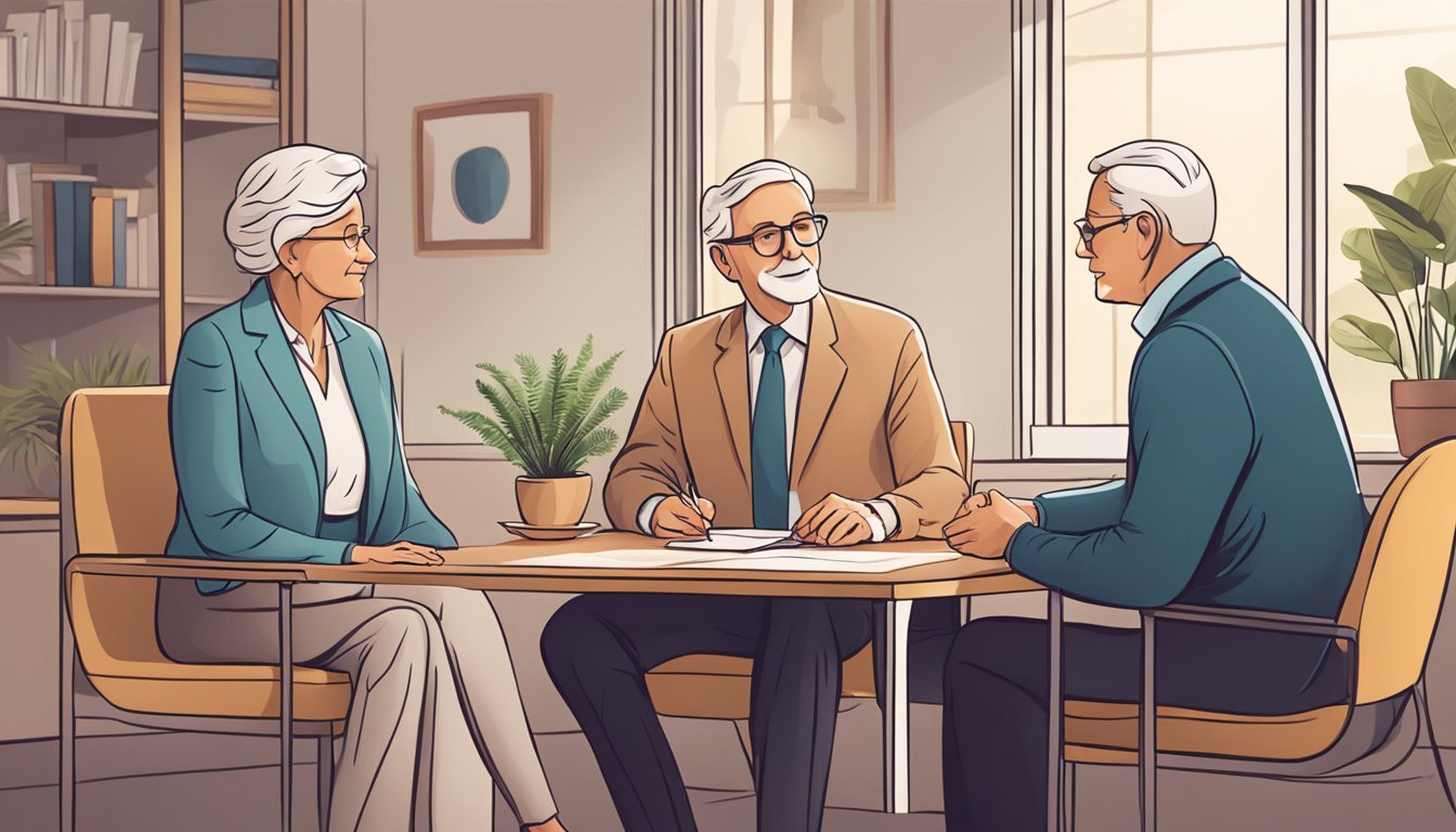 A serene elderly couple discussing burial insurance options with a compassionate agent in a cozy office setting