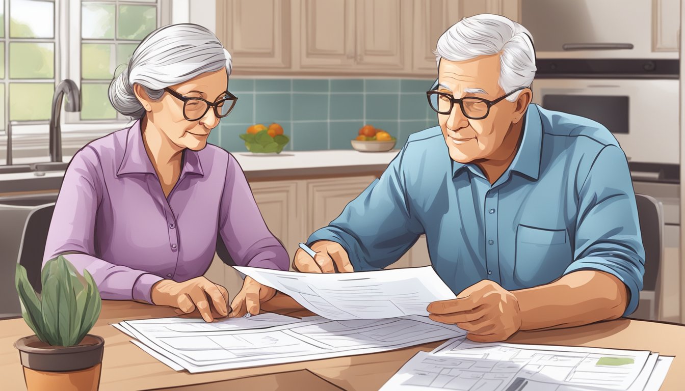 A serene elderly couple sitting at a kitchen table, reviewing paperwork and discussing burial insurance options with a compassionate insurance agent