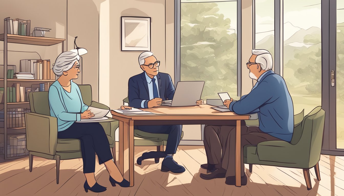 A senior couple reviewing burial insurance policy options with a financial advisor in a cozy office setting