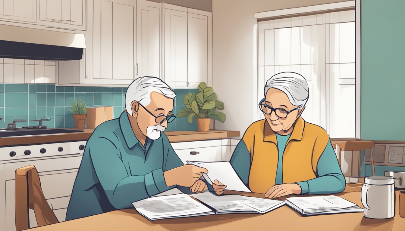 A serene elderly couple sits at a kitchen table, reviewing paperwork with a representative. A brochure and calculator are spread out, emphasizing the topic of burial insurance for seniors over 60