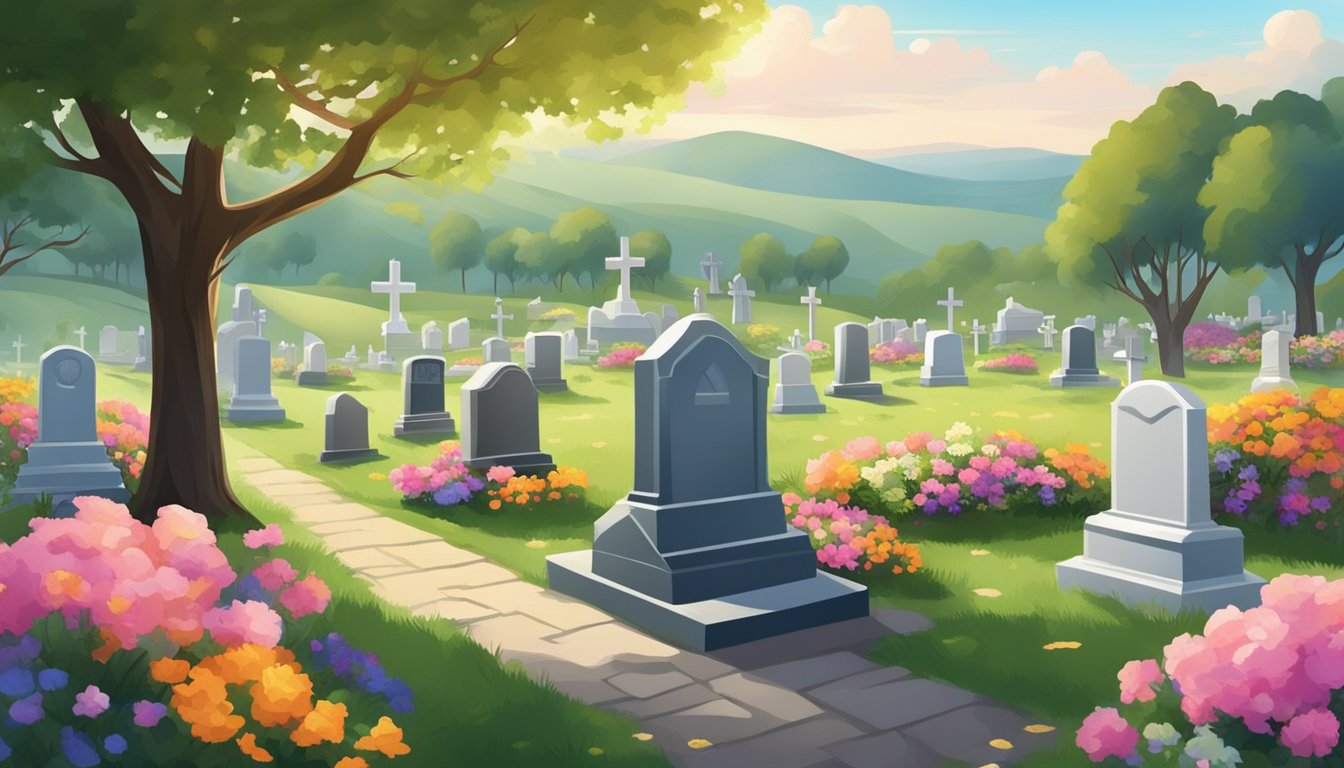 A serene cemetery with a backdrop of rolling hills, adorned with colorful flowers and well-maintained headstones. A peaceful and dignified atmosphere