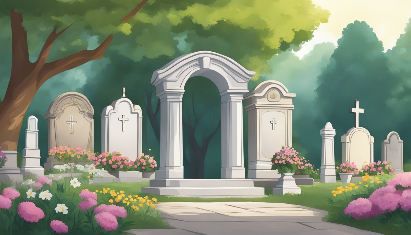 A serene cemetery with a gravestone surrounded by flowers and trees, with a peaceful and respectful atmosphere