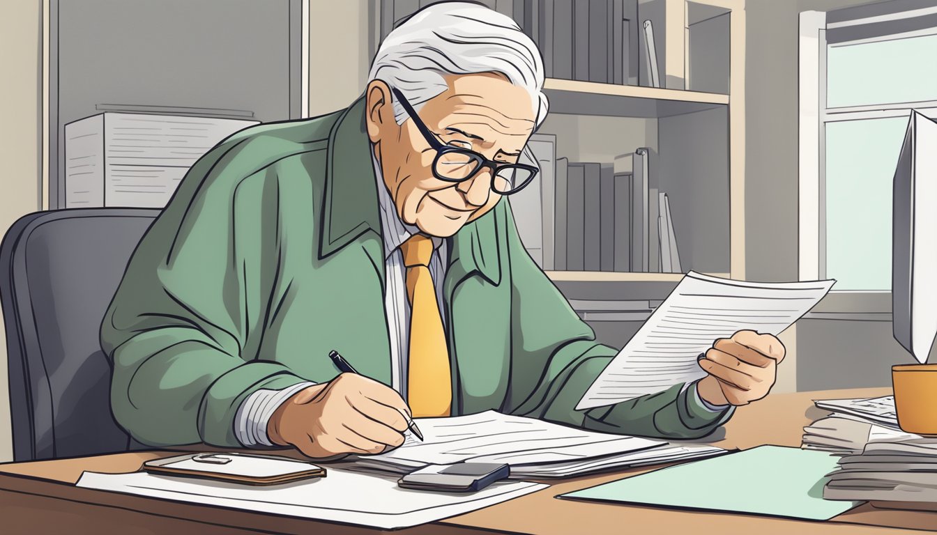 An elderly person filling out insurance paperwork at a desk