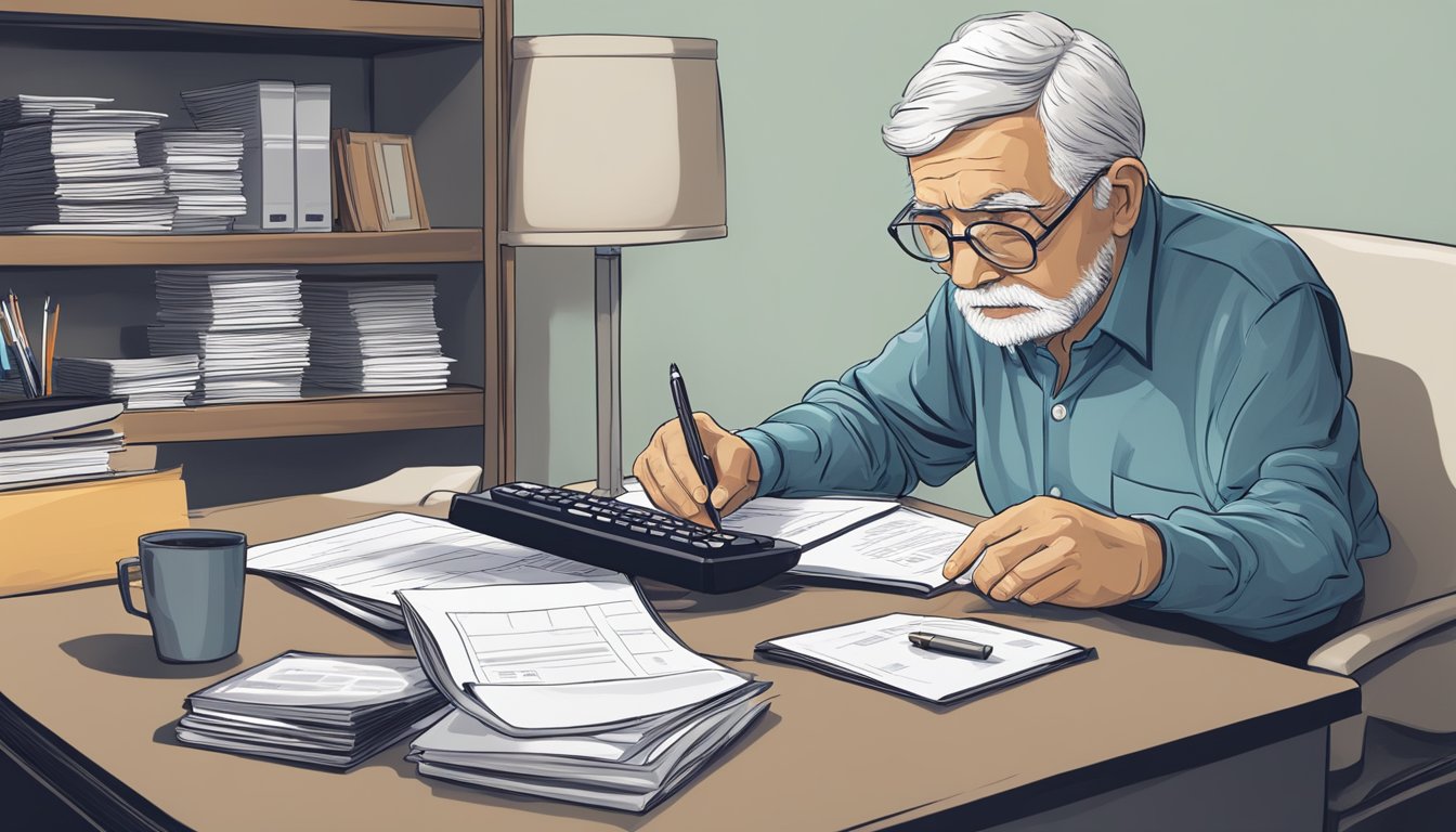 An elderly person sitting at a desk, surrounded by paperwork and a calculator. They are deep in thought, considering their options for burial insurance