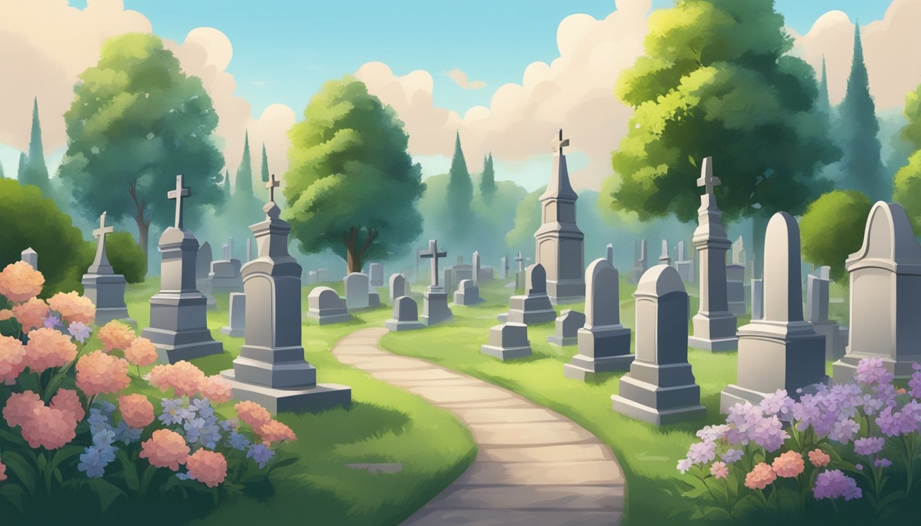 A peaceful cemetery with gravestones and a serene atmosphere, surrounded by trees and flowers