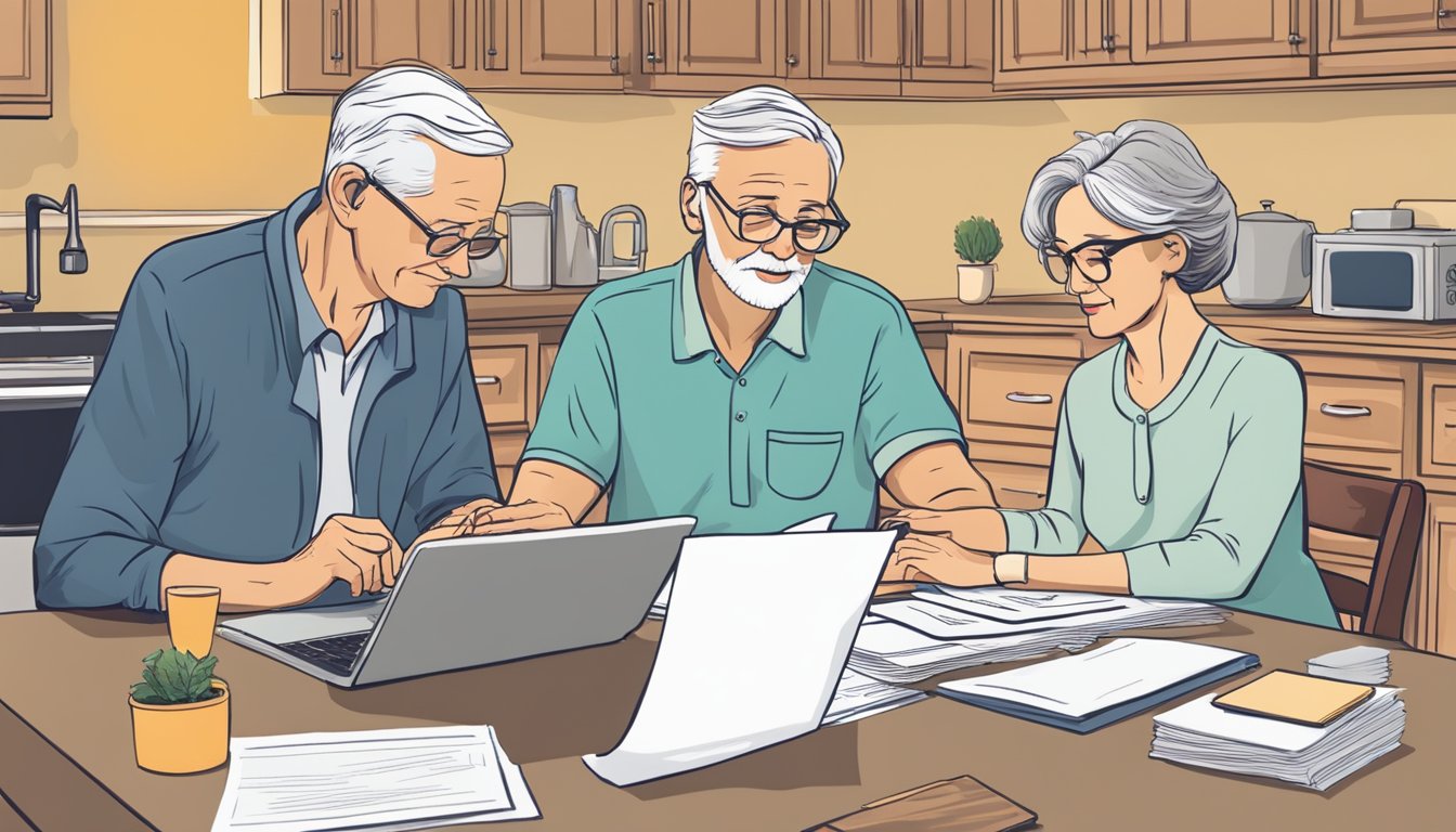 A senior couple reviewing paperwork at a kitchen table, with a stack of documents and a laptop open, discussing burial insurance options for the 86-year-old spouse