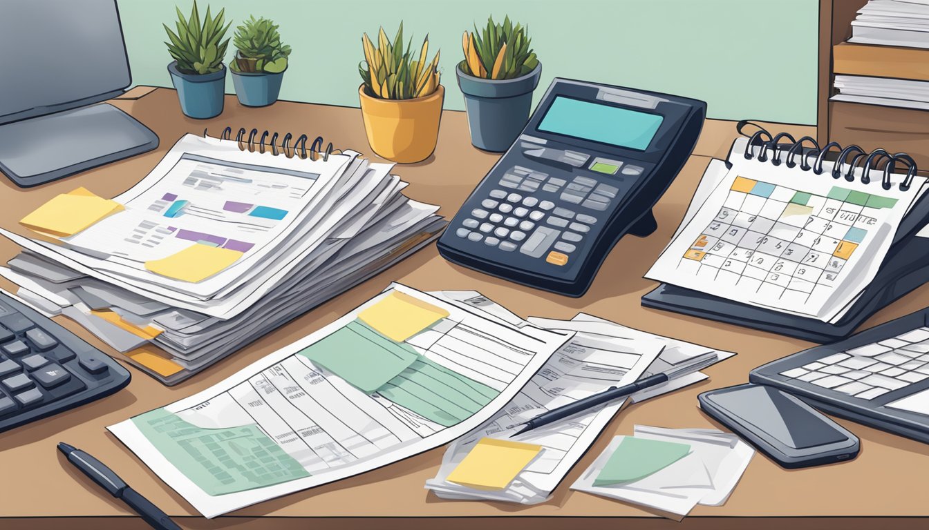 A stack of bills and paperwork on a desk, with a phone and computer nearby. A calendar shows important dates