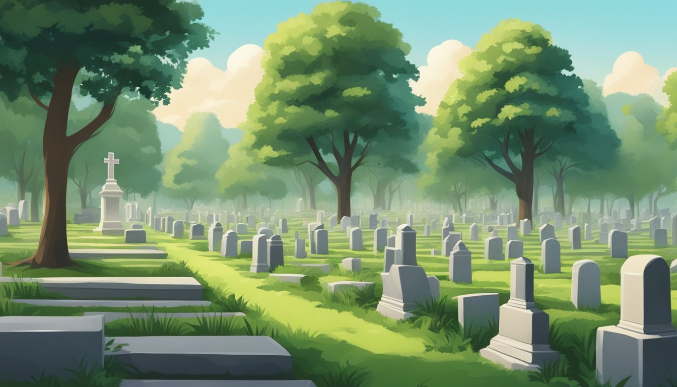 A serene cemetery with rows of headstones, surrounded by lush greenery and peaceful atmosphere