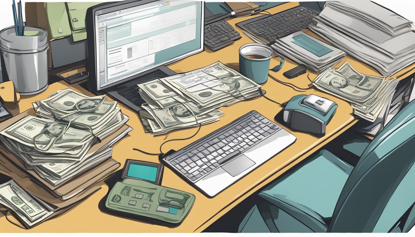 A desk cluttered with bills, a phone off the hook, and a laptop open to utility company websites