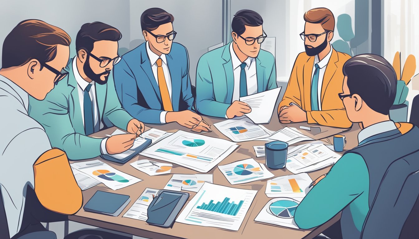 A group of analysts gathered around a table, examining charts and graphs related to the final expense insurance market