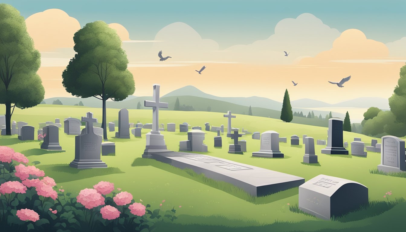 A serene cemetery with a gravestone and a peaceful landscape, symbolizing the need for burial insurance for an 88-year-old