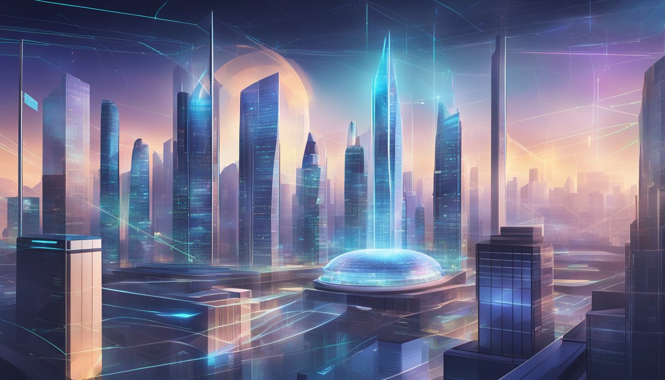 A futuristic city skyline with holographic projections of insurance plans and financial charts. A sleek, modern office building stands prominently in the foreground