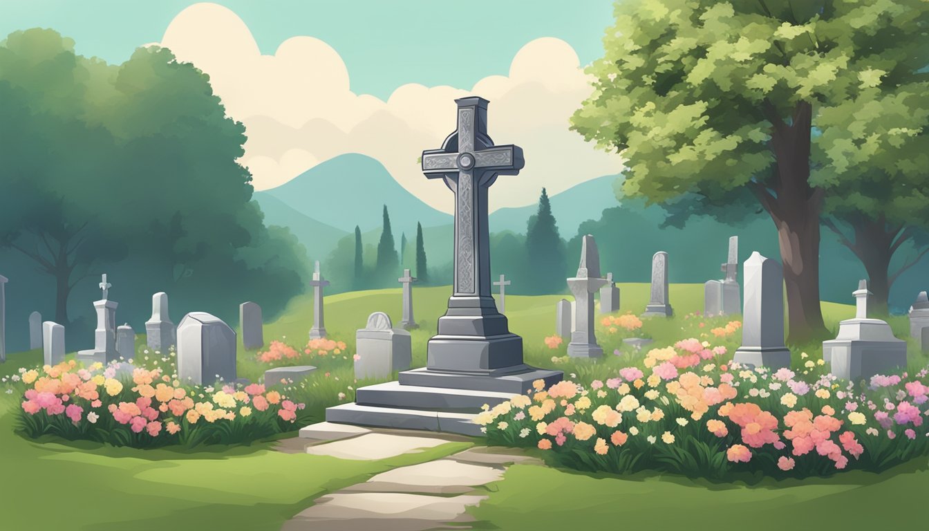 A serene cemetery with a gravestone surrounded by flowers and a peaceful landscape in the background