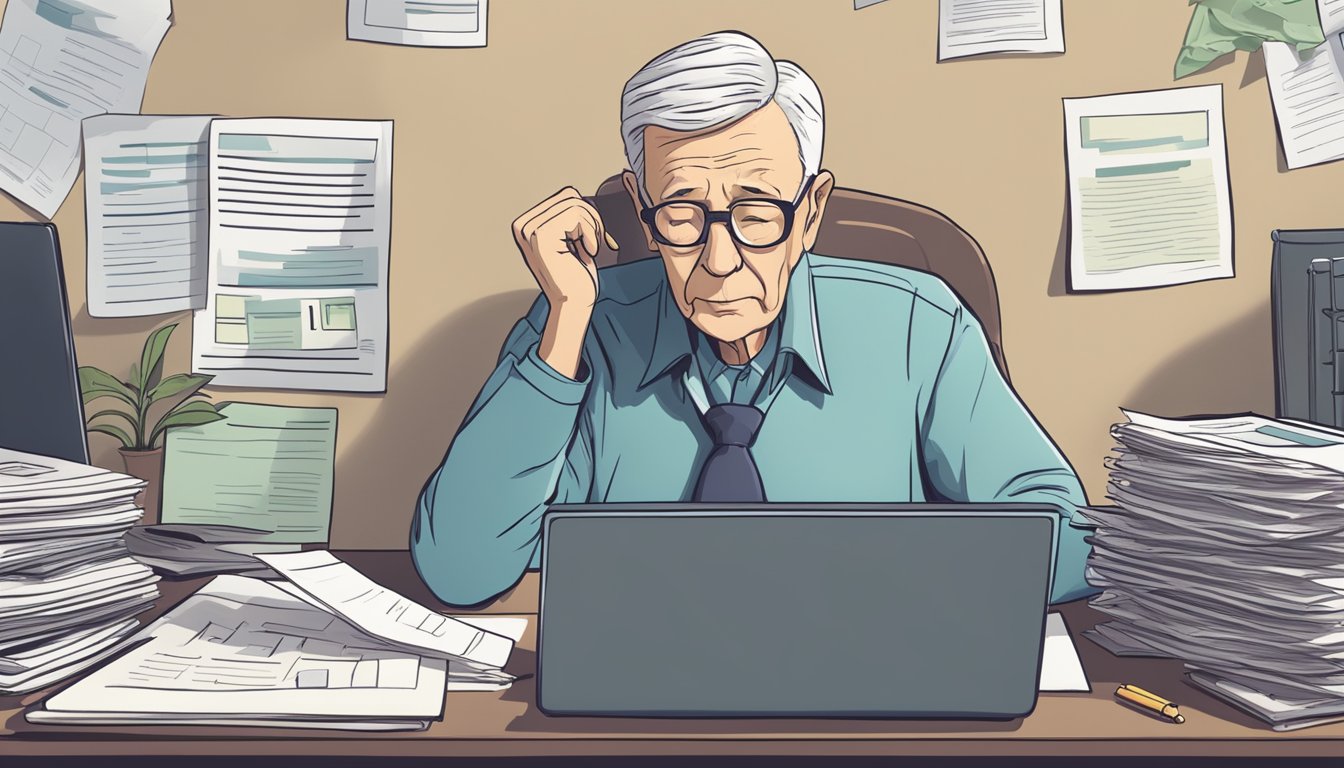 An elderly person sitting at a desk surrounded by paperwork, calculator, and a list of insurance companies. They are deep in thought, considering their options for burial insurance