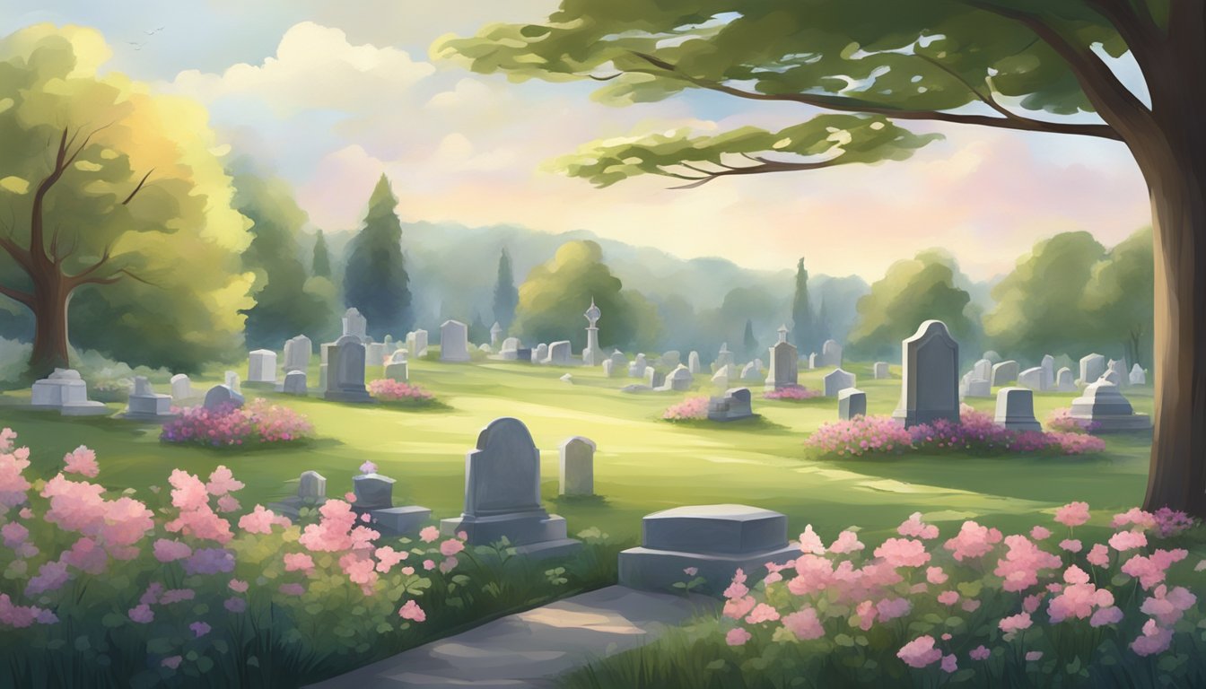 A serene landscape with a peaceful cemetery surrounded by trees and flowers, with a gentle breeze blowing through the area