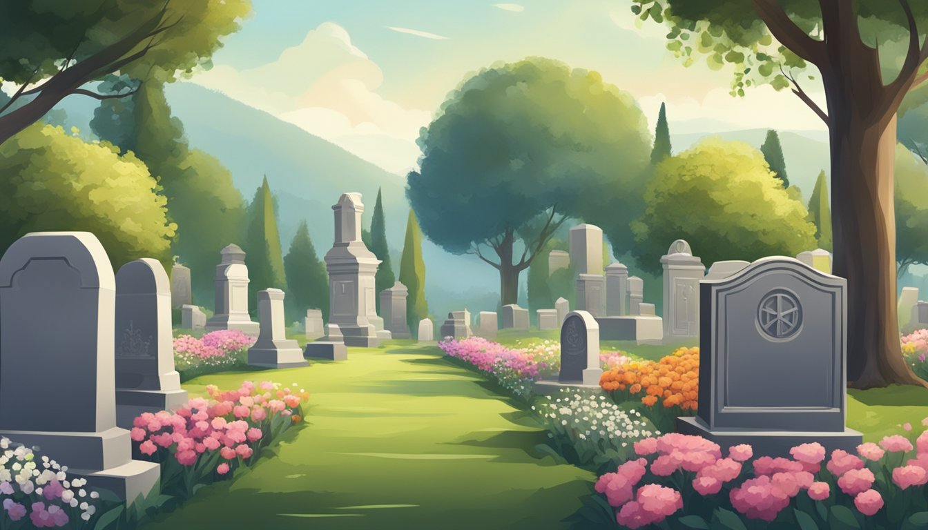 A peaceful cemetery with a gravestone surrounded by flowers and a serene landscape in the background