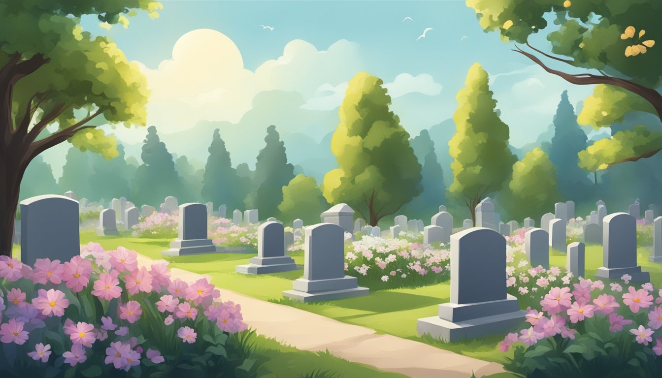 A serene cemetery with a gravestone surrounded by flowers and a peaceful atmosphere