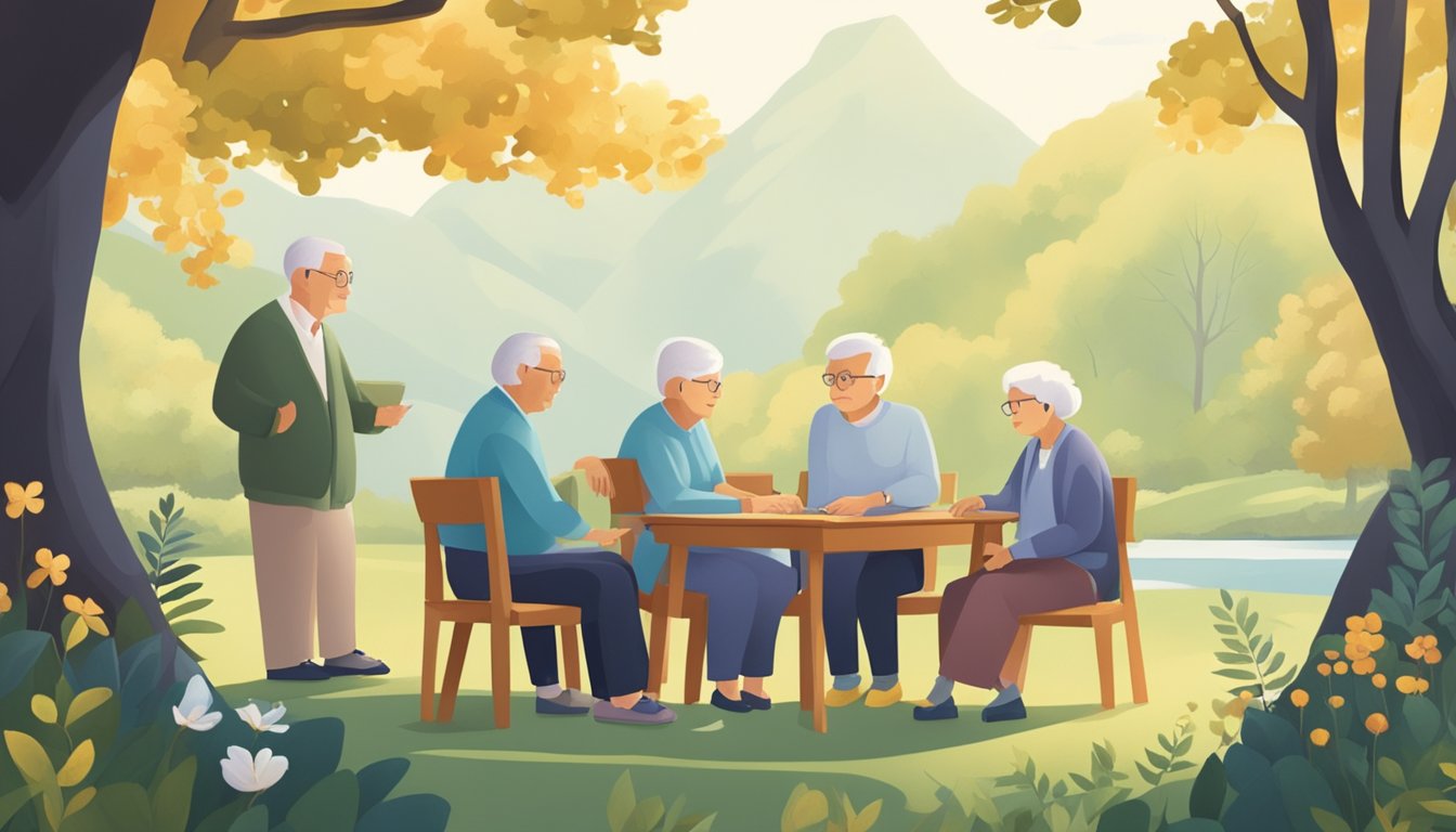 A group of elderly individuals gather in a serene setting, surrounded by peaceful nature and comforting symbols of insurance and financial security