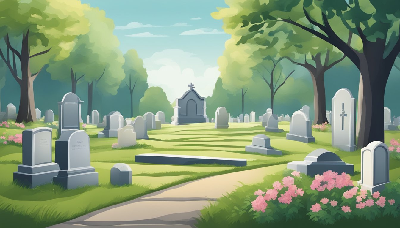 A serene cemetery with gravestones and a peaceful atmosphere, symbolizing the financial considerations of burial insurance at the age of 83