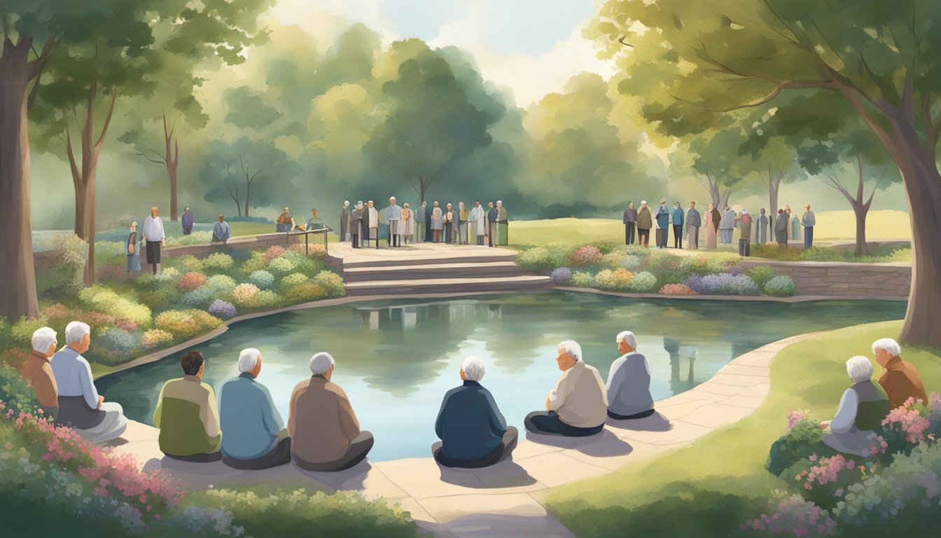 A serene outdoor setting with a tranquil pond and surrounding trees, where a group of elderly individuals gather for an end-of-life ceremony