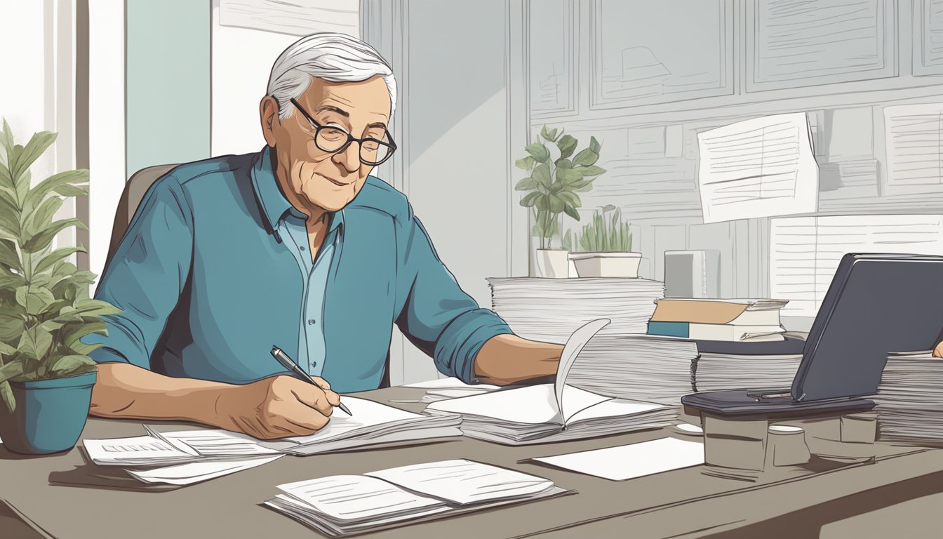 An elderly person sitting at a desk, surrounded by paperwork and talking to an insurance agent about burial insurance