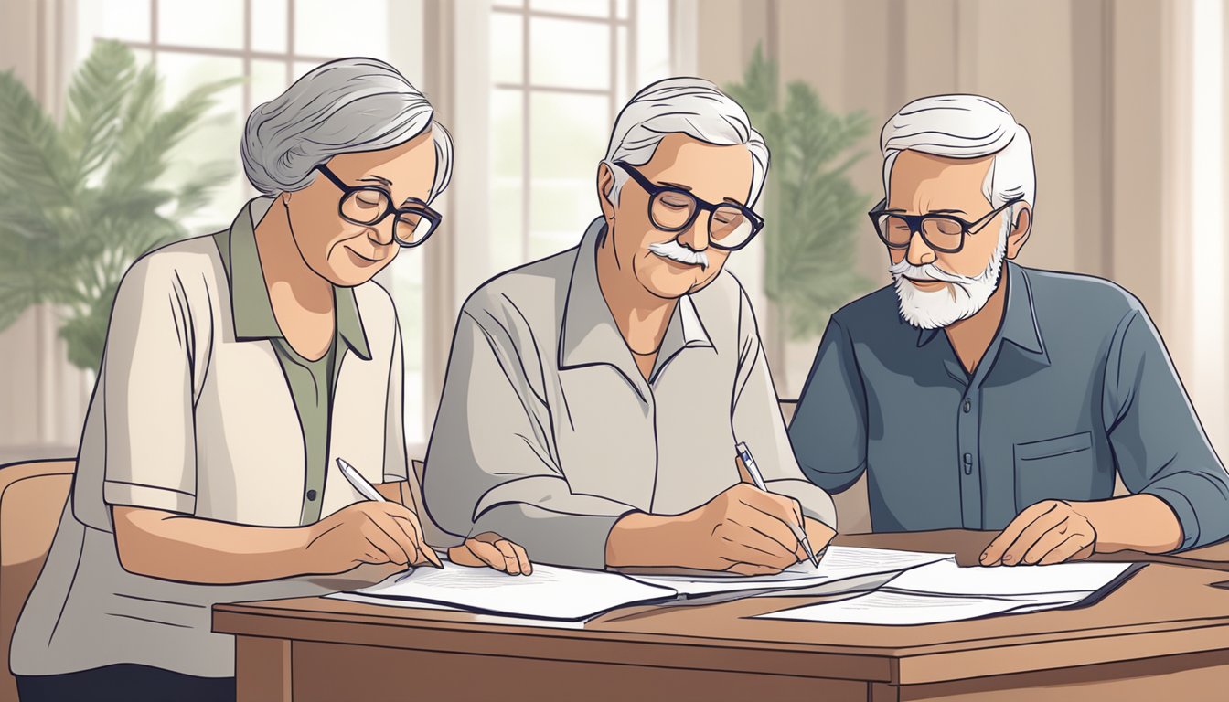 A serene elderly couple reviewing their funeral insurance policy with a compassionate insurance agent