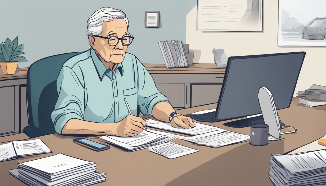 An elderly person sitting at a desk, surrounded by paperwork and a phone, discussing burial insurance with a representative