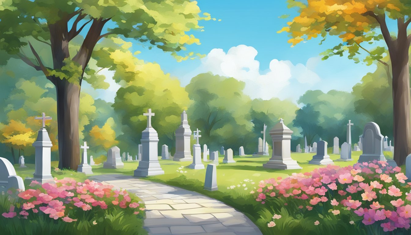 A serene and peaceful cemetery with colorful flowers and trees, a tranquil setting with a clear blue sky overhead