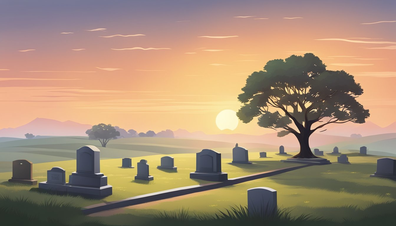 A serene cemetery at sunset, with a simple headstone and a lone tree overlooking the peaceful landscape