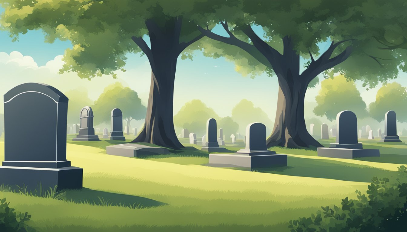 A serene cemetery with a single tombstone under a shady tree