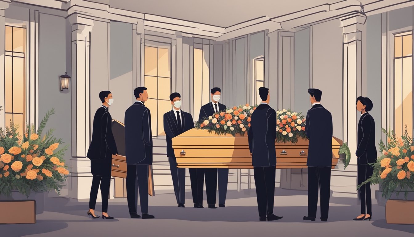 A somber scene with a casket surrounded by mourners, with flowers and candles, and a funeral director discussing expenses and planning options