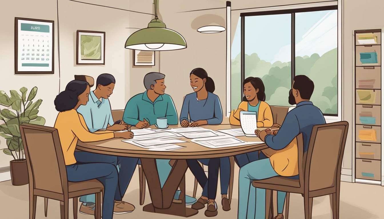 A family sitting around a table, discussing funeral cover options with a calendar showing a 3-month waiting period