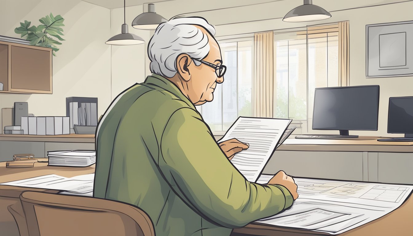 An elderly person reviewing a document with burial insurance details and cost information