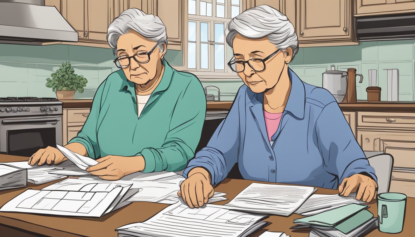 An elderly couple sits at a kitchen table, surrounded by paperwork and calculators. A concerned expression on their faces as they discuss burial insurance options