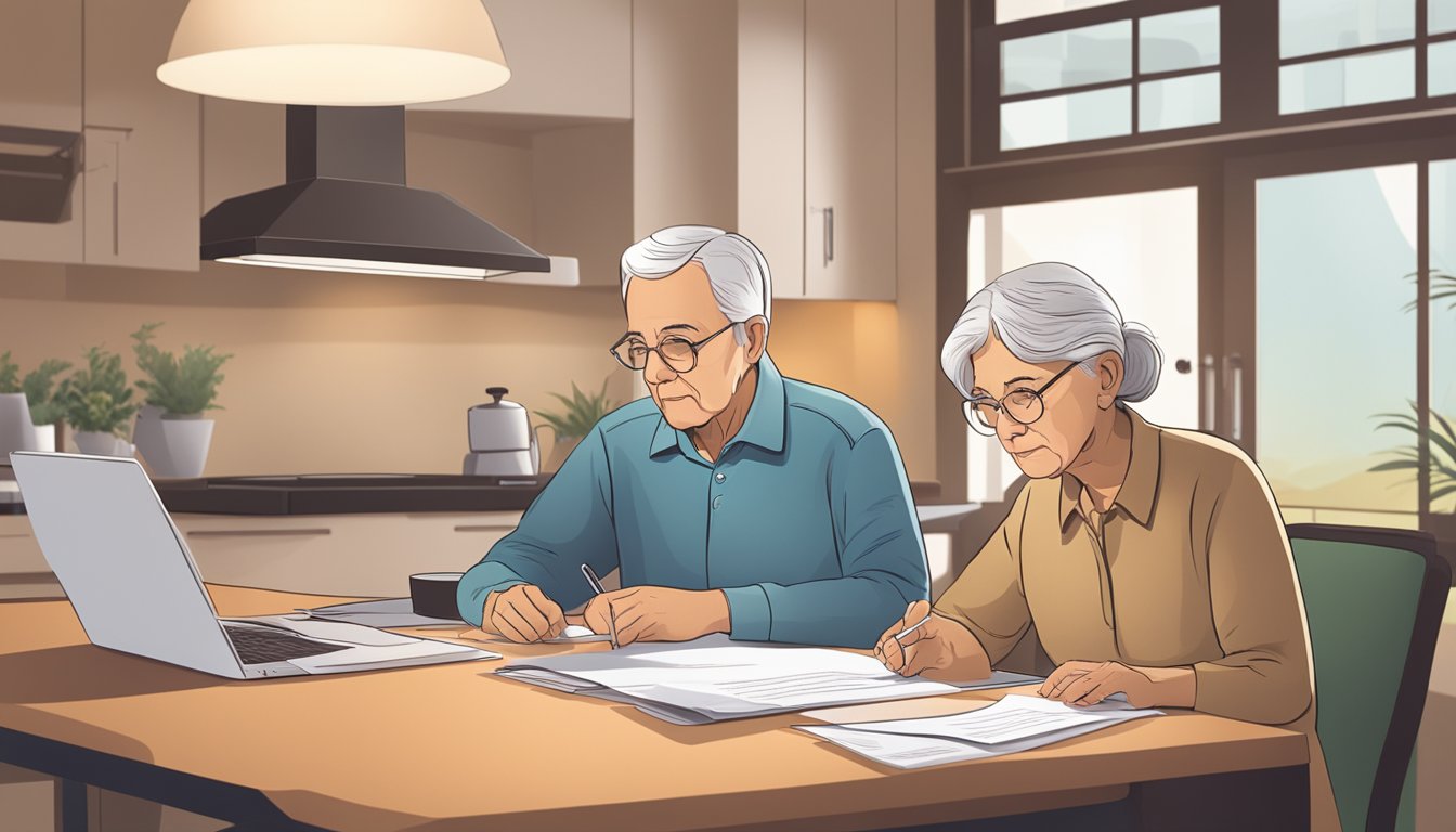 A serene elderly couple sits at a kitchen table, reviewing paperwork with a concerned but determined expression. A brochure for burial insurance lies open in front of them