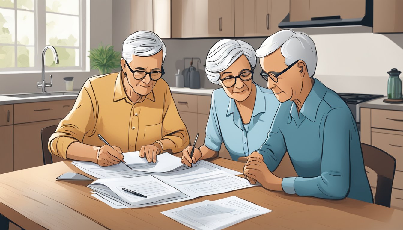 A serene elderly couple sitting at a kitchen table, reviewing paperwork with a representative. A pamphlet on burial insurance lies open in front of them