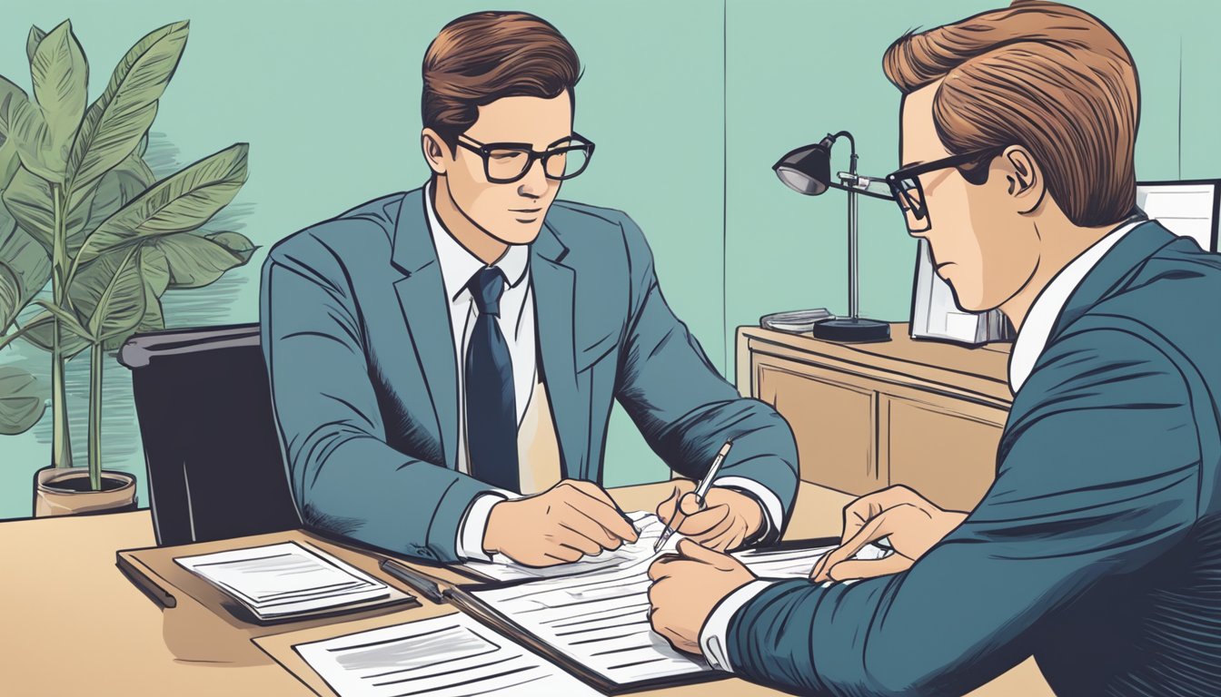 A person filling out paperwork at a desk, with an insurance agent explaining the process