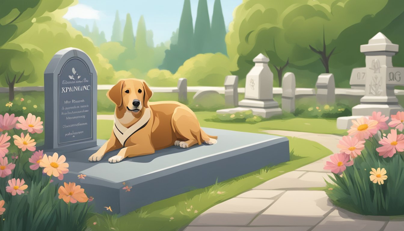 A dog lying peacefully in a serene garden setting, with a small headstone and flowers nearby, symbolizing the concept of planning for end-of-life expenses with burial insurance for dogs