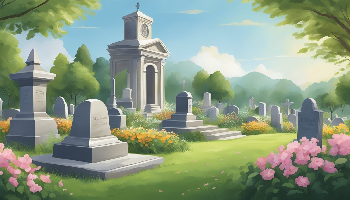 A serene cemetery with a peaceful atmosphere, adorned with lush greenery and flowers, where a burial insurance company's logo is subtly displayed