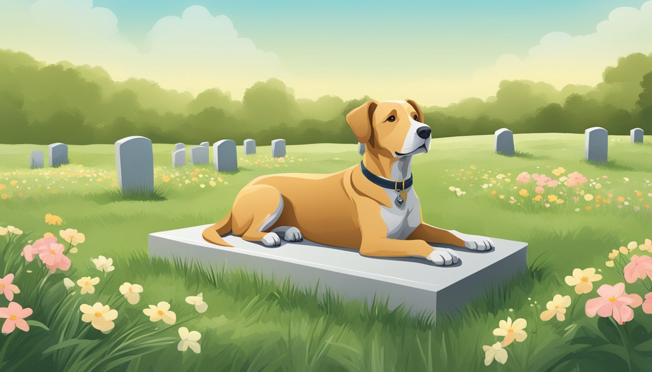 A dog lying peacefully in a grassy field, with a serene and comforting atmosphere. A small burial plot marked with a headstone and surrounded by flowers