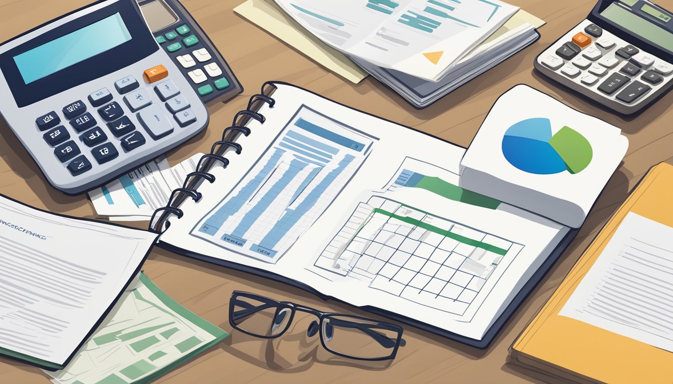 A table with three different burial insurance providers' logos displayed, surrounded by paperwork and a calculator