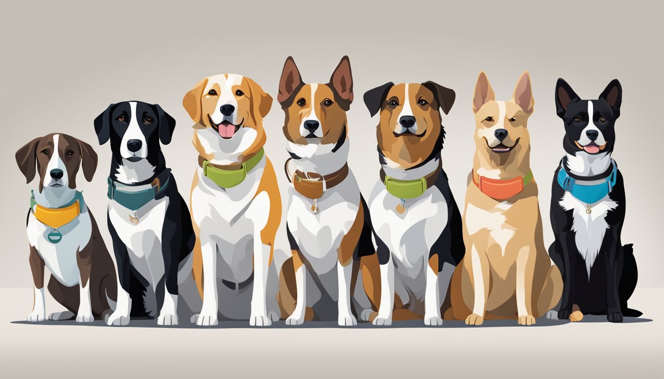 A group of dogs standing in a row, each wearing a different colored collar. A sign above them displays "Comparing Providers and Policies: Burial Insurance for Dogs."