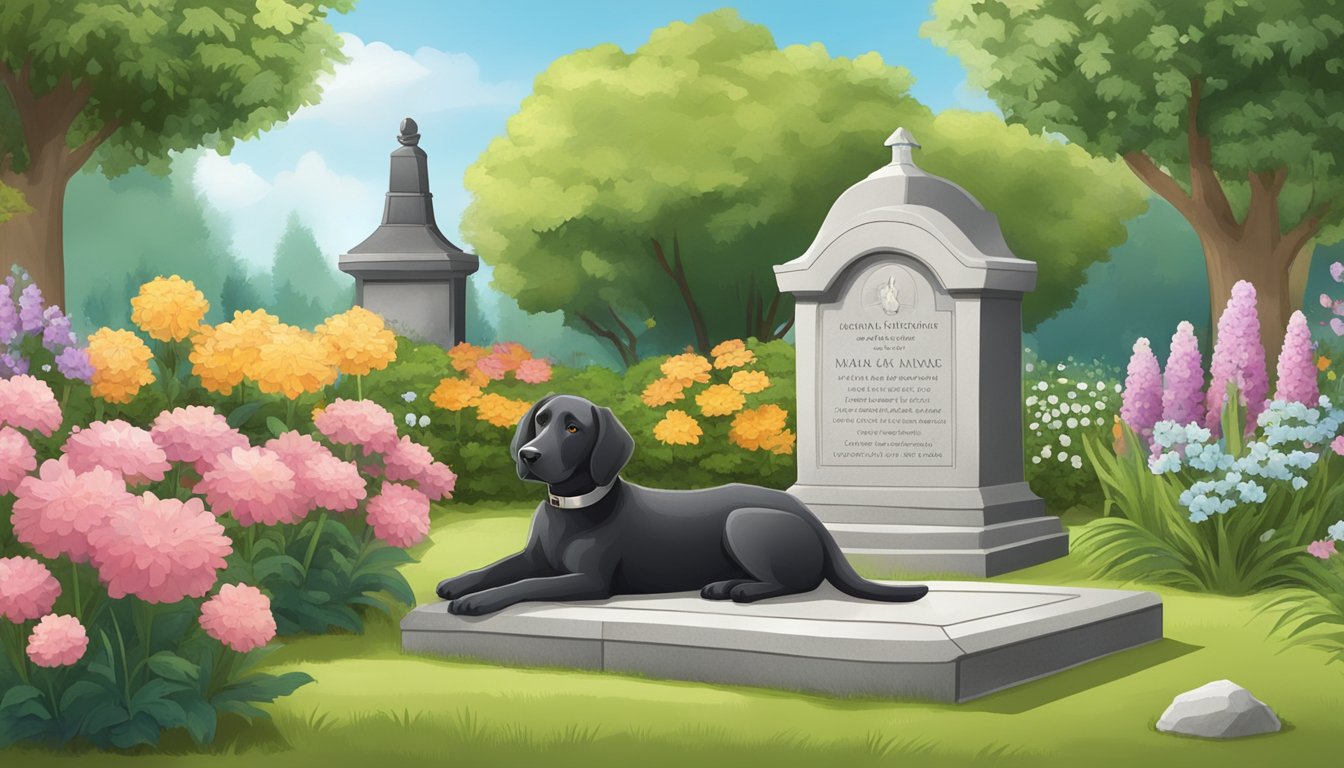 A peaceful garden with a dog gravestone surrounded by flowers and a small memorial statue